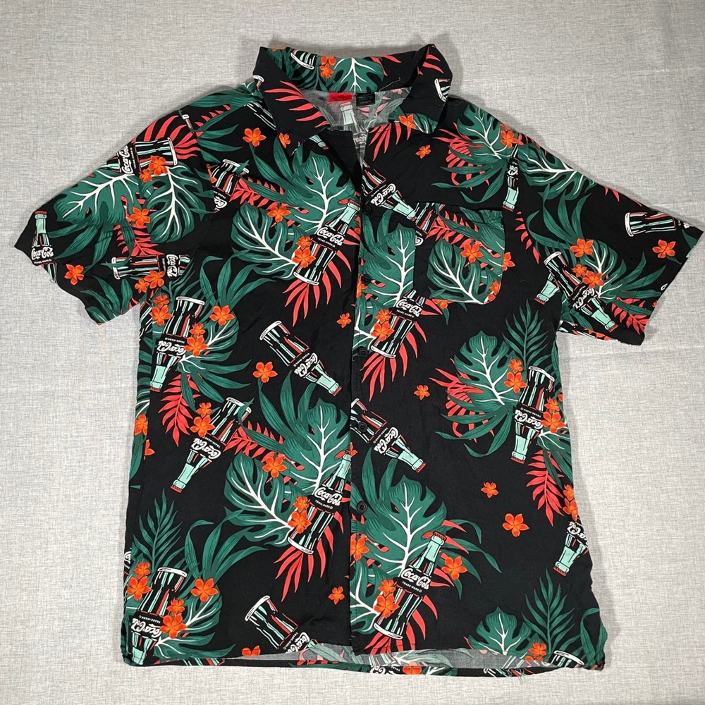 Coca Cola Hawaiian Shirt Mens Large Tropical Floral Bottle Print Resort